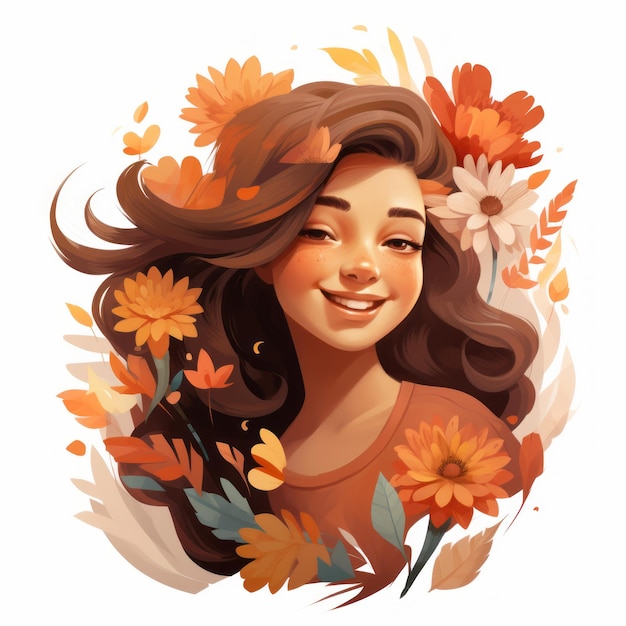 an illustration of a girl with long hair and flowers