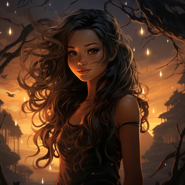 an illustration of a girl with long hair in the forest at sunset