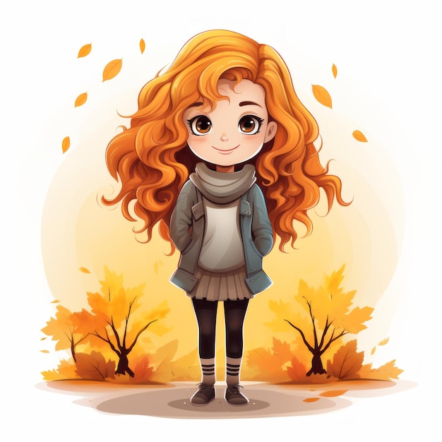an illustration of a girl with long red hair standing in front of autumn leaves