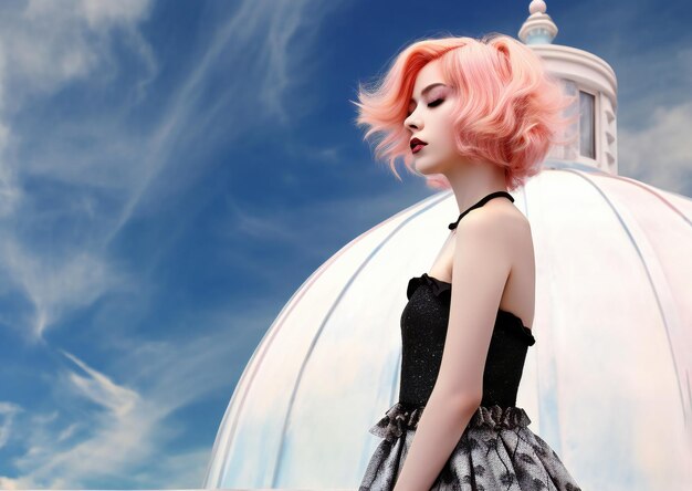 Illustration of a girl with pink hair in front of a dome