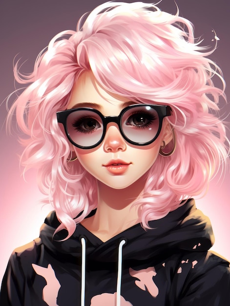 an illustration of a girl with pink hair and glasses