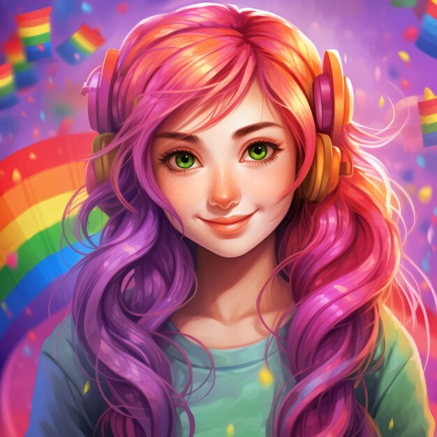 An illustration of a girl with pink hair and headphones