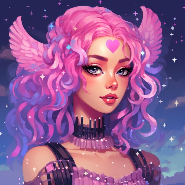 An illustration of a girl with pink hair and wings