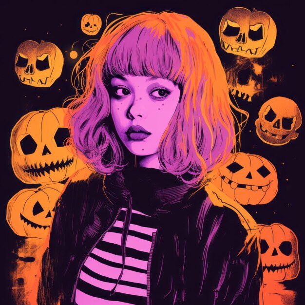 Photo an illustration of a girl with purple hair and orange hair surrounded by pumpkins