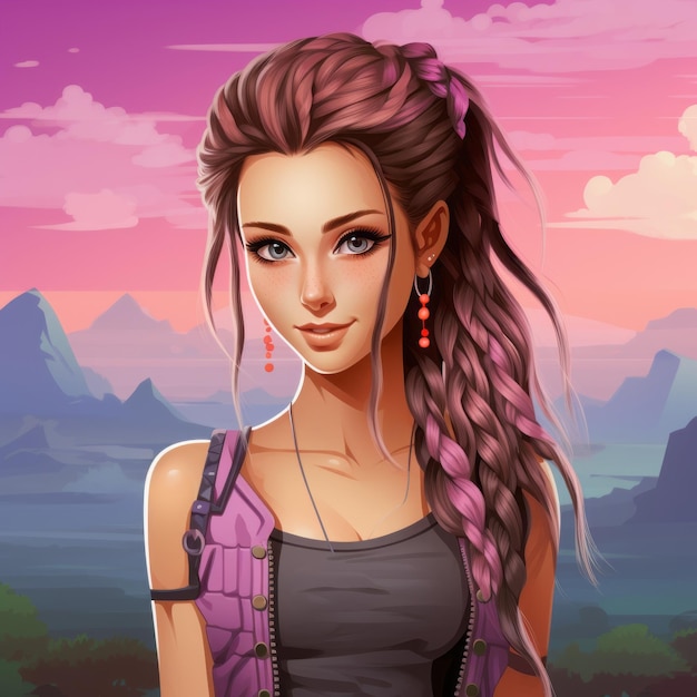 Photo an illustration of a girl with purple hair and pink earrings