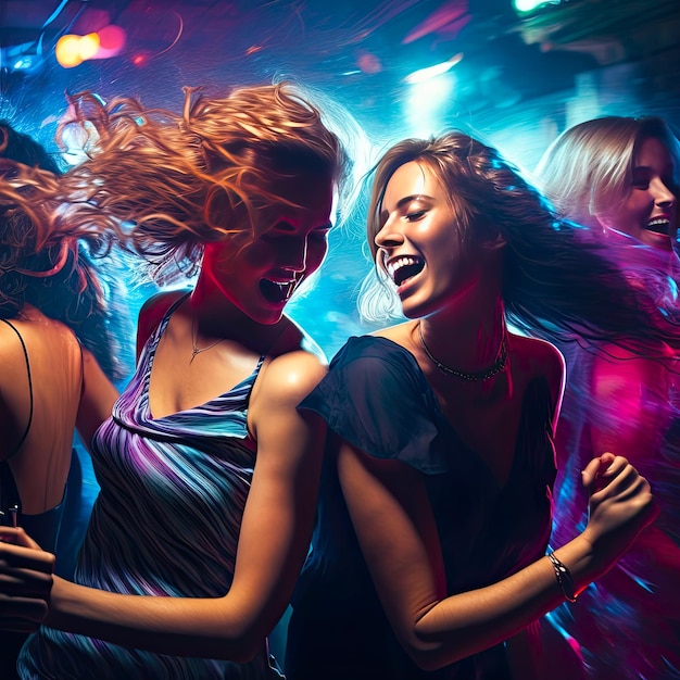 배경에 색색의 조명이 있는 디스코텍에서 행복하게 춤추는 소녀들의 그림
