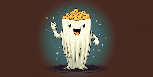 illustration of a glass of corn flying in the sky a single French Fry in a funny ghost costume