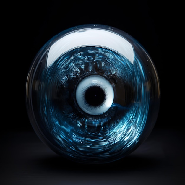 illustration of glass eyeball filled with liquid dilated pupil spher, Generative ai