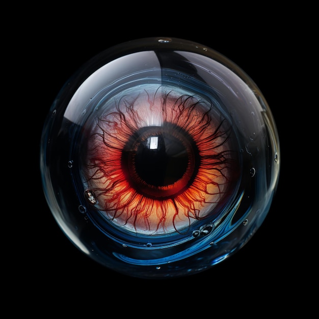 Photo illustration of glass eyeball filled with liquid dilated pupil spher, generative ai