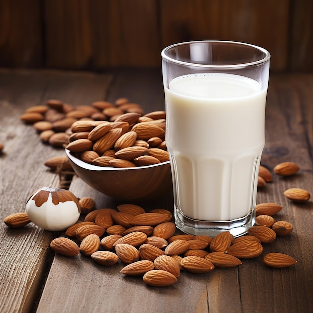 illustration of glass of milk and almonds on a wooden table