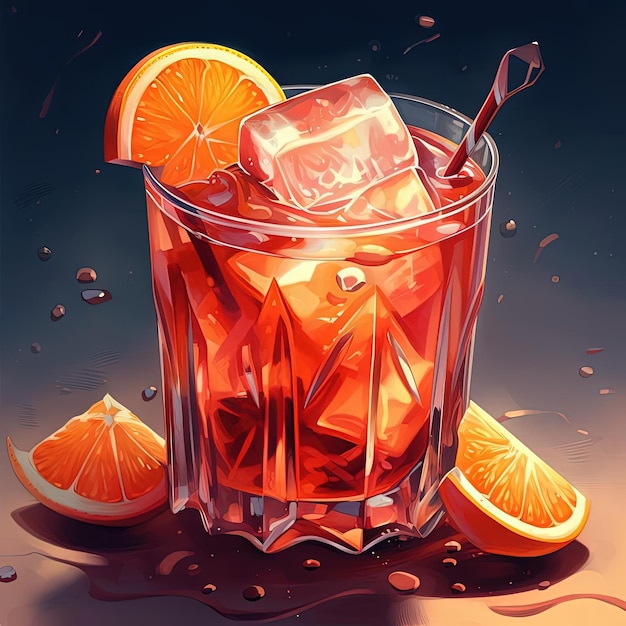 an illustration of a glass of orange drink with ice in the style of crimson