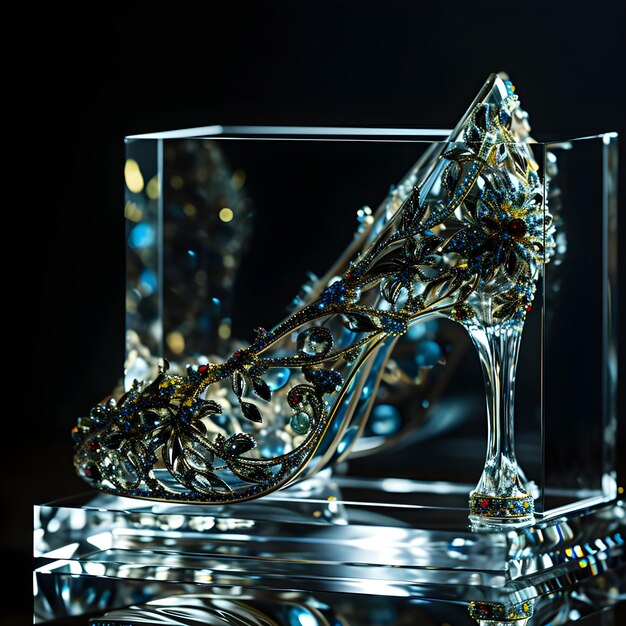 Foto illustrazione una scarpa di vetro in una scatola di vetro trasparente