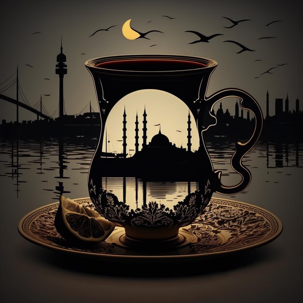 Illustration of glass of Turkish tea with the silhouette of a mosque on a sunset background