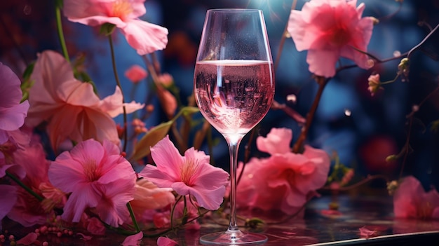 テーブルの上にピンクの花がついたワインのグラスのイラスト