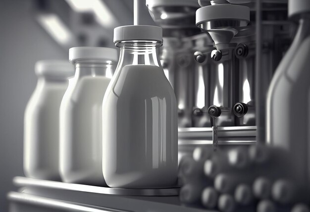 Illustration of glass with milk bottles on the conveyor belt in factory ai