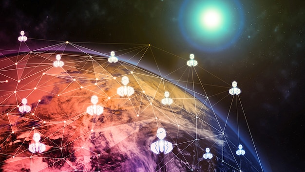 Фото Иллюстрация глобальной современной творческой коммуникации и карта сети интернет
