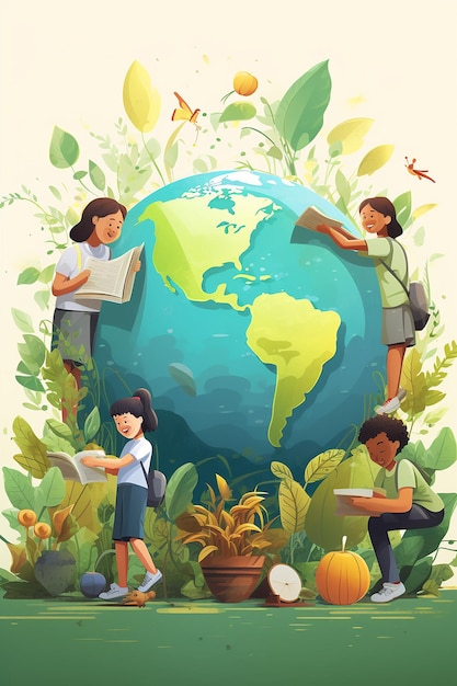 Foto illustrazione di un globo circondato da diversi bambini che tengono piante e strumenti educativi
