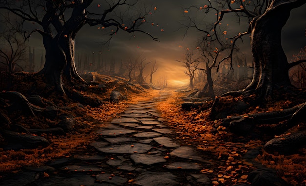 Illustration of a gloomy fall forest with a path