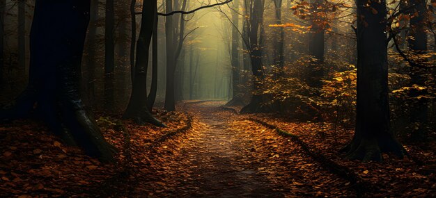 Illustration of a gloomy fall forest with a path