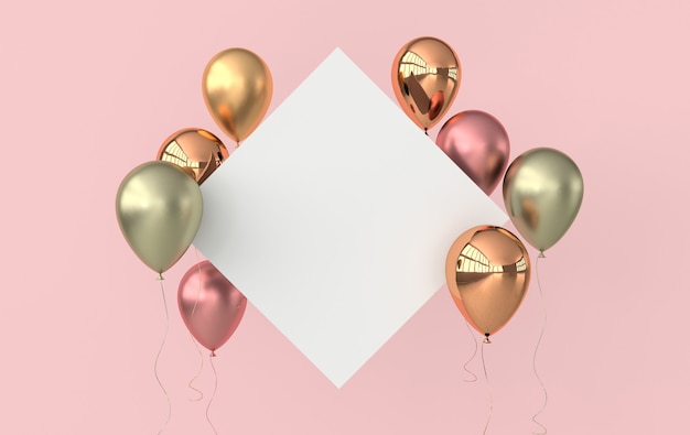 Illustration of glossy balloons and white paper on pink background 