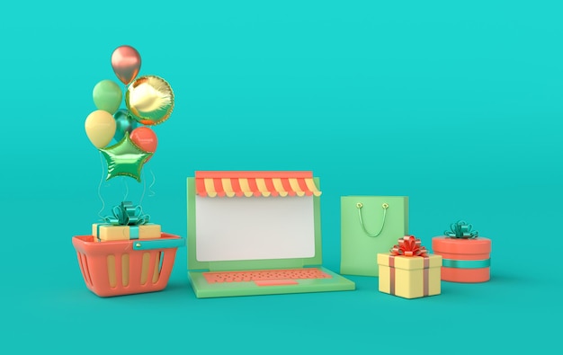 Illustration of glossy colorful balloons shopping basket present box laptop clouds and present box