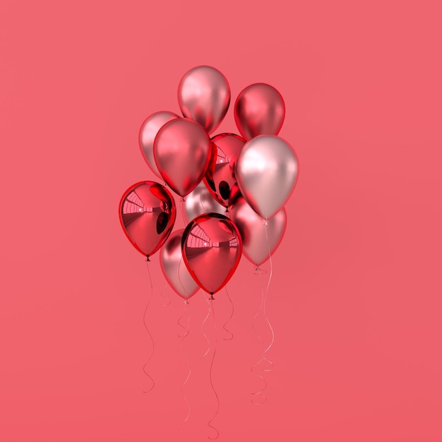 Illustration of glossy pink red and rose golden balloons on pastel colored background