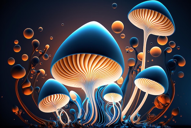 Illustration of a glowing psychedelic mushroom on dark background Generative AI