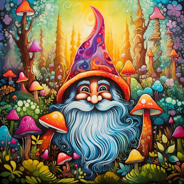 illustration of gnome with long white beard colored with bright color