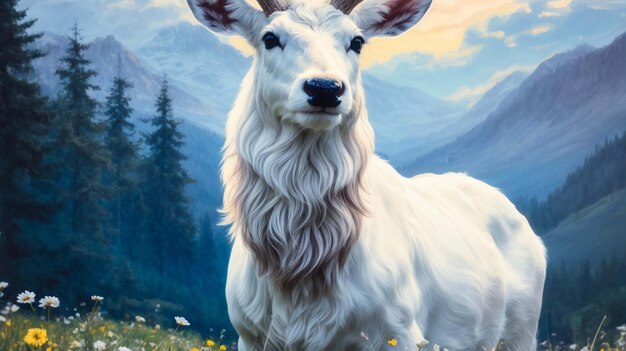 A Illustration of a Goat on a Snowy Mountain