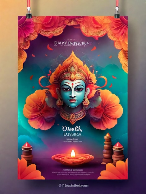 Photo illustration of goddess durga face in happy durga puja brochure design