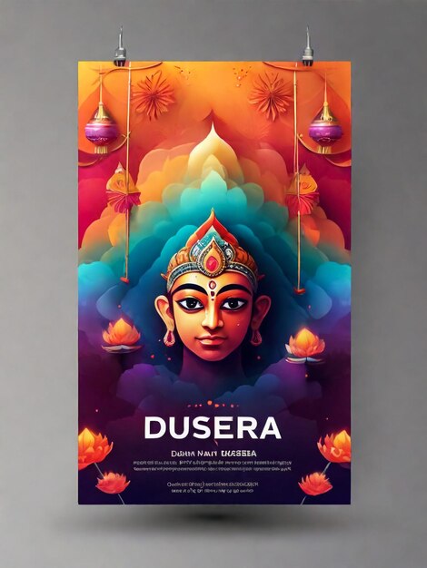 Photo illustration of goddess durga face in happy durga puja brochure design