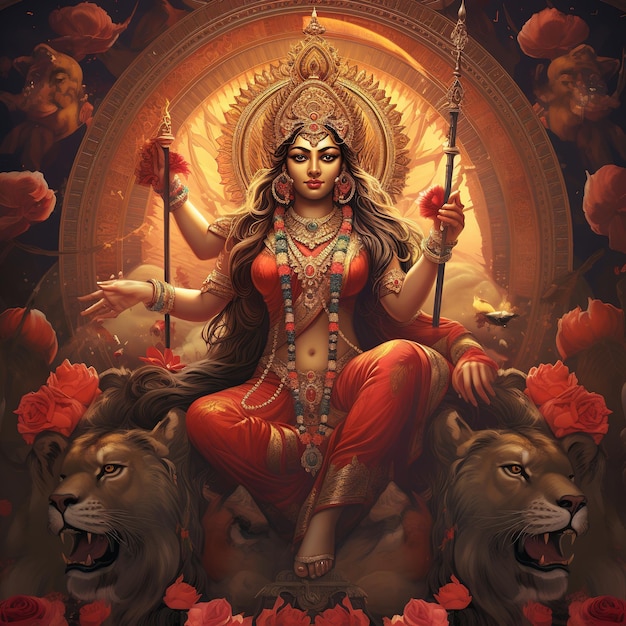 Illustration of Goddess Durga for Happy Durga Puja or Subh Navratri Generative Ai