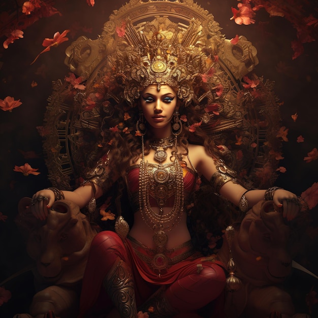 Happy Durga Puja 또는 Subh Navratri Generative Ai를 위한 Durga 여신의 그림