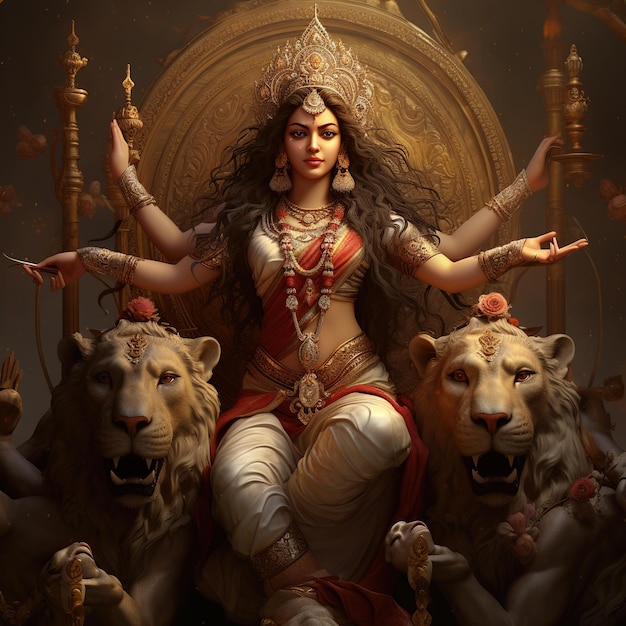 Happy Durga Puja 또는 Subh Navratri Generative Ai를 위한 Durga 여신의 그림