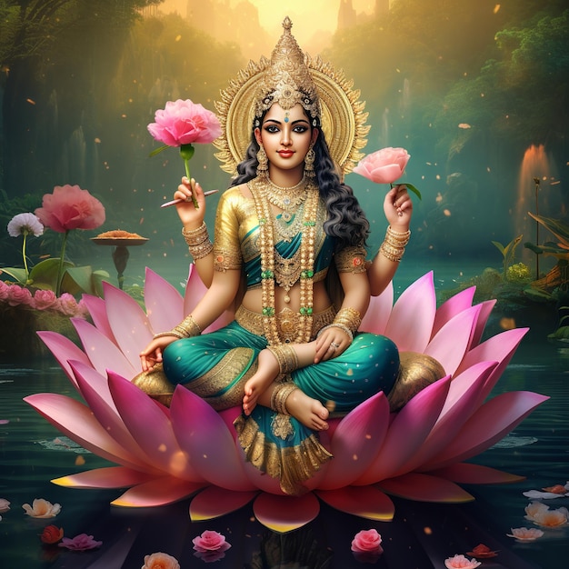 illustration of goddess Lakshmi sitting on a golden throne and holdi