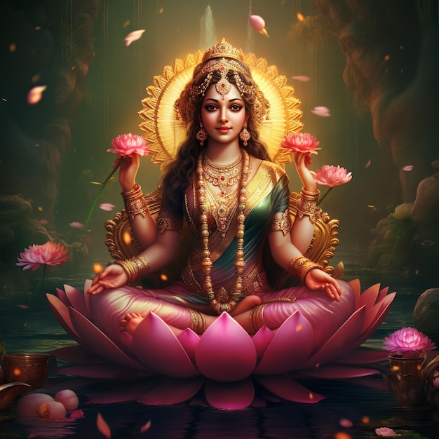 illustration of goddess Lakshmi sitting on a golden throne and holdi