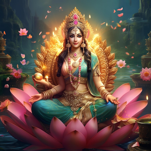 illustration of goddess Lakshmi sitting on a golden throne and holdi