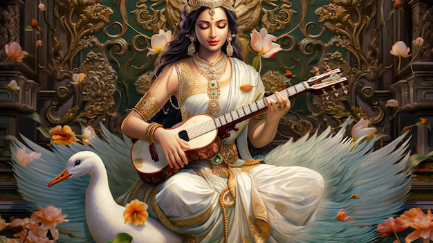 Foto illustrazione della dea saraswati seduta su uno strumento musicale di legno di loto e un libro