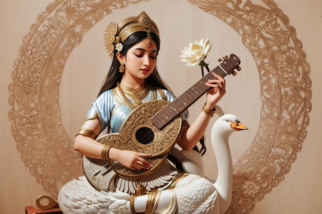 Illustration of Goddess Saraswati standing on lotus wooden musical instrument