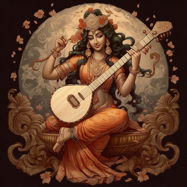 Illustration of Goddess Saraswati for Vasant Panchami