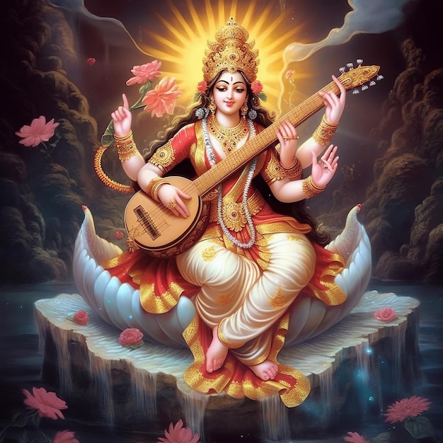 Illustration of Goddess Saraswati for Vasant Panchami