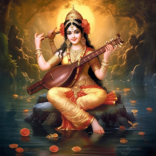 Illustration of Goddess Saraswati for Vasant Panchami