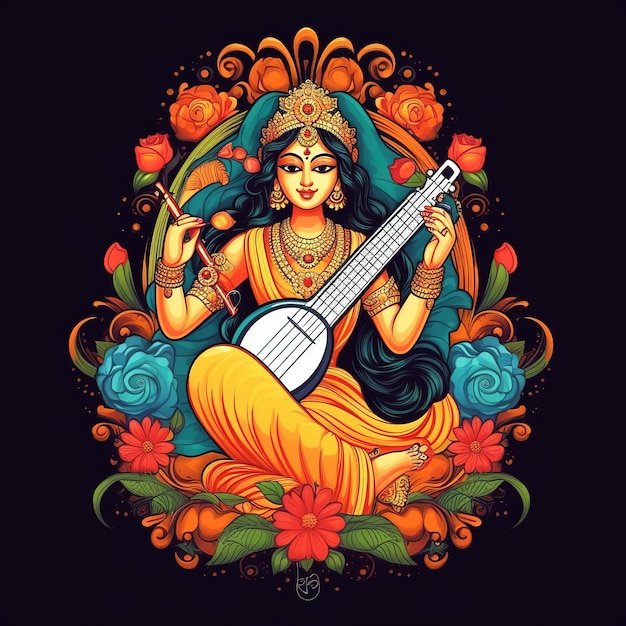 Illustration of Goddess Saraswati for Vasant Panchami