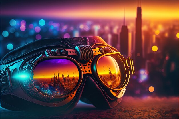 Illustration of goggles reflecting futuristic city in the lens, city in the background. Generative A