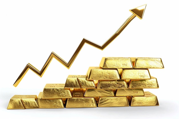 Photo illustration of gold bars with upward arrow graph