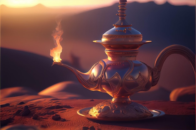 Иллюстрация золотого лапма с паровым дымом в арабских дюнах AI
