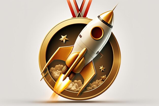 Photo illustration of gold medal with rocket white background generative ai