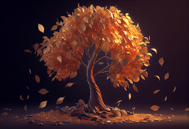 Illustration of gold tree with coins on branches and ground on dark background AI