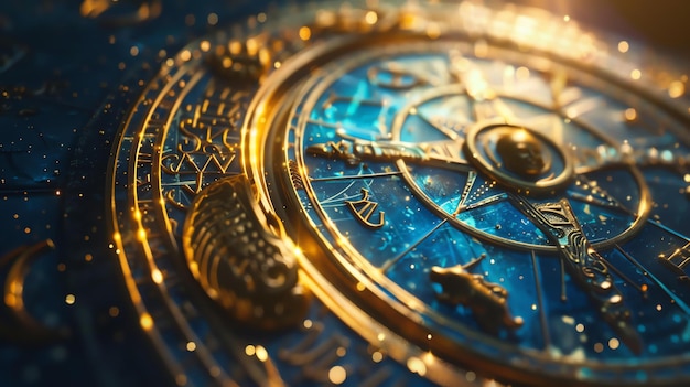 An illustration of a golden astrolabe with a blue background