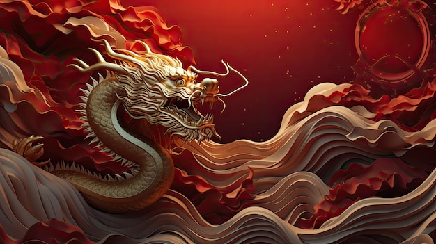 Photo illustration of a golden chinese dragon with lampion latern flowers on a red background